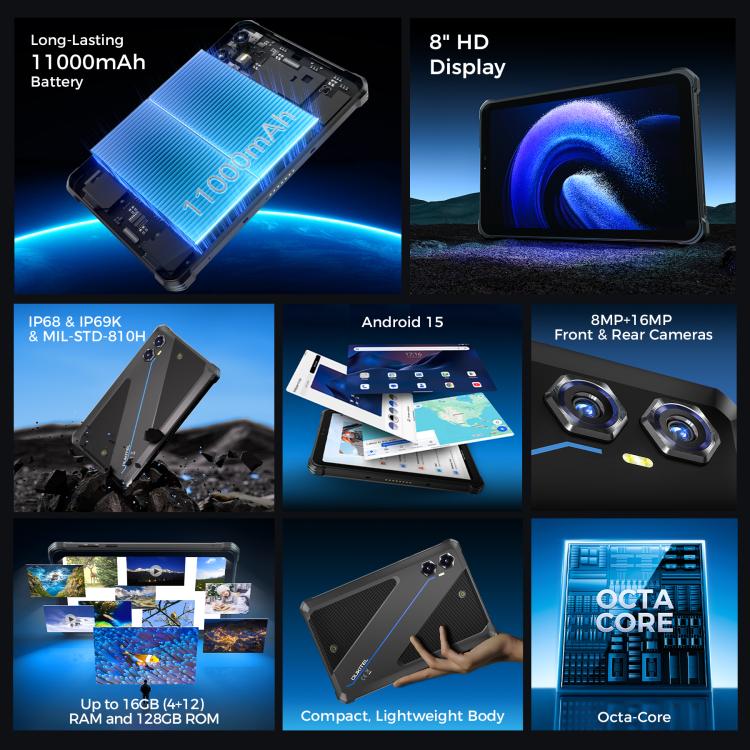OUKITEL RT3 Plus 4G Network IP68/IP69K Rugged Tablet, 4GB+128GB, 8.0 inch Android 15 MediaTek G81 Octa-Core Support Dual SIM, EU Plug