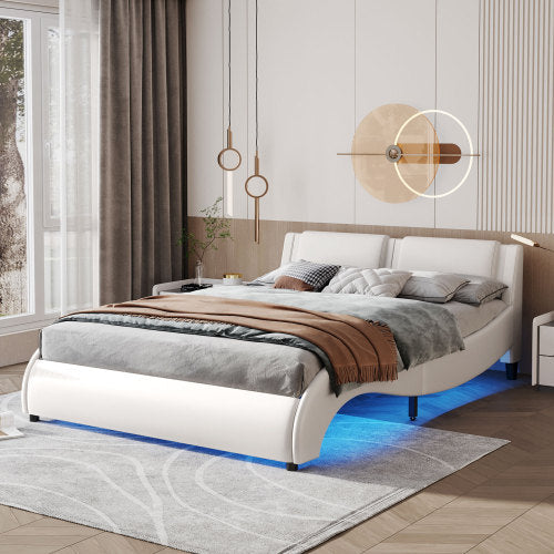LYDARZ Queen Bed Frame White Faux Leather Platform Bed with LED Lights and Slatted Base - LYDARZ