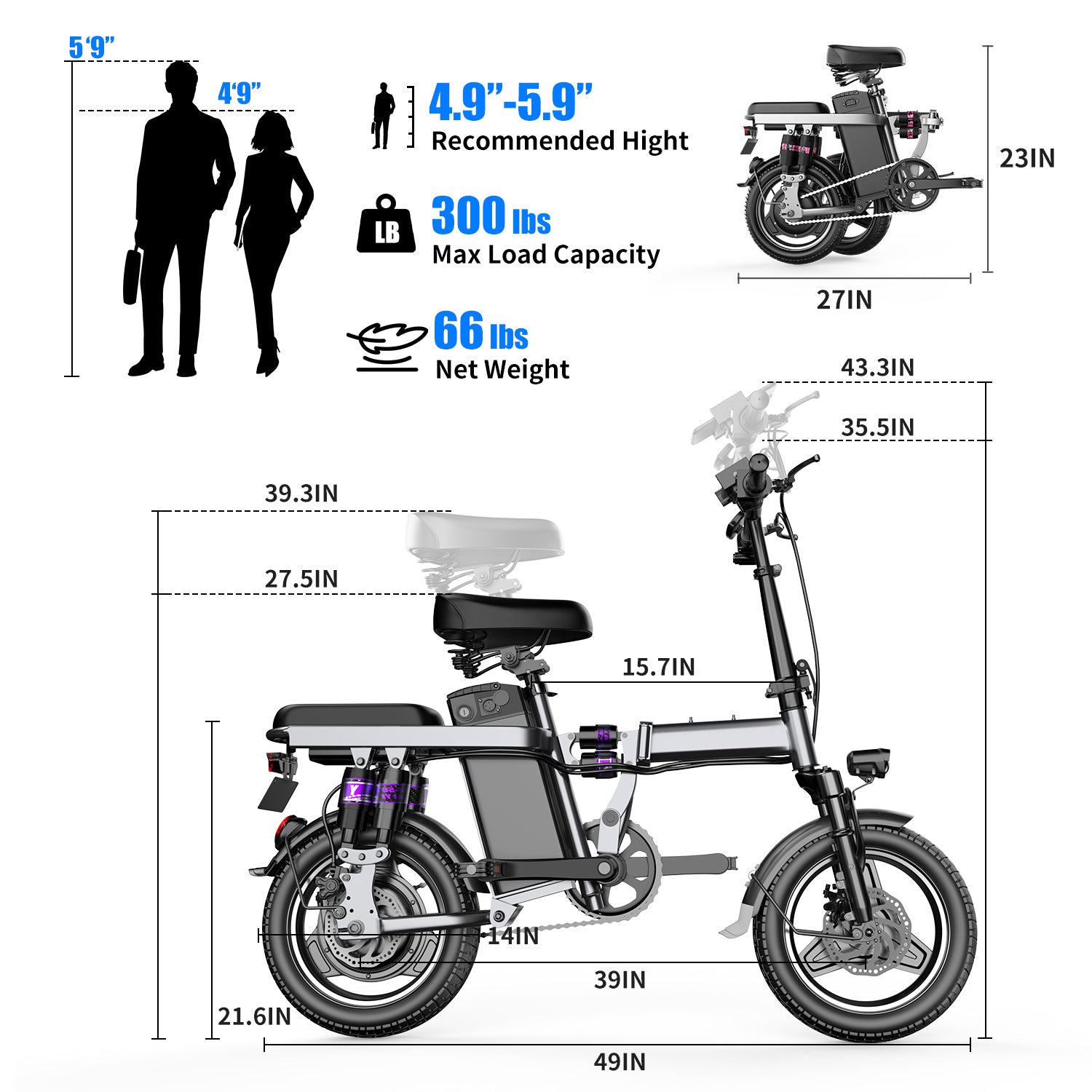 ASKGO 48V Folding Electric Bike, 500W Motor, 25MPH, 35 Miles, 14'' Tires - LYDARZ