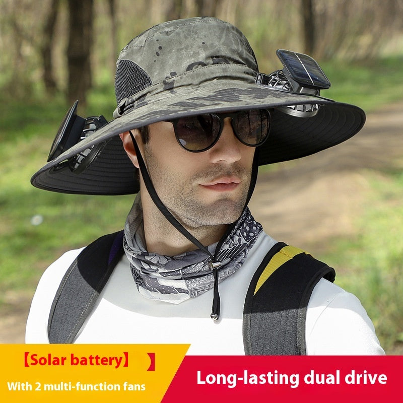 Solar Powered Outdoor Sun Hat with USB Charging & Adjustable Wide Brim for Fishing
