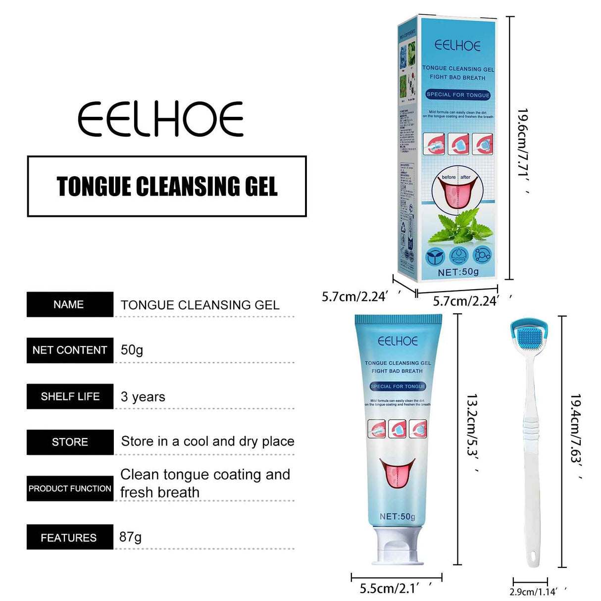 EELHOE Tongue Cleaning Gel Tongue cleaner for oral care, removes bad breath and freshens breath, gel with brush