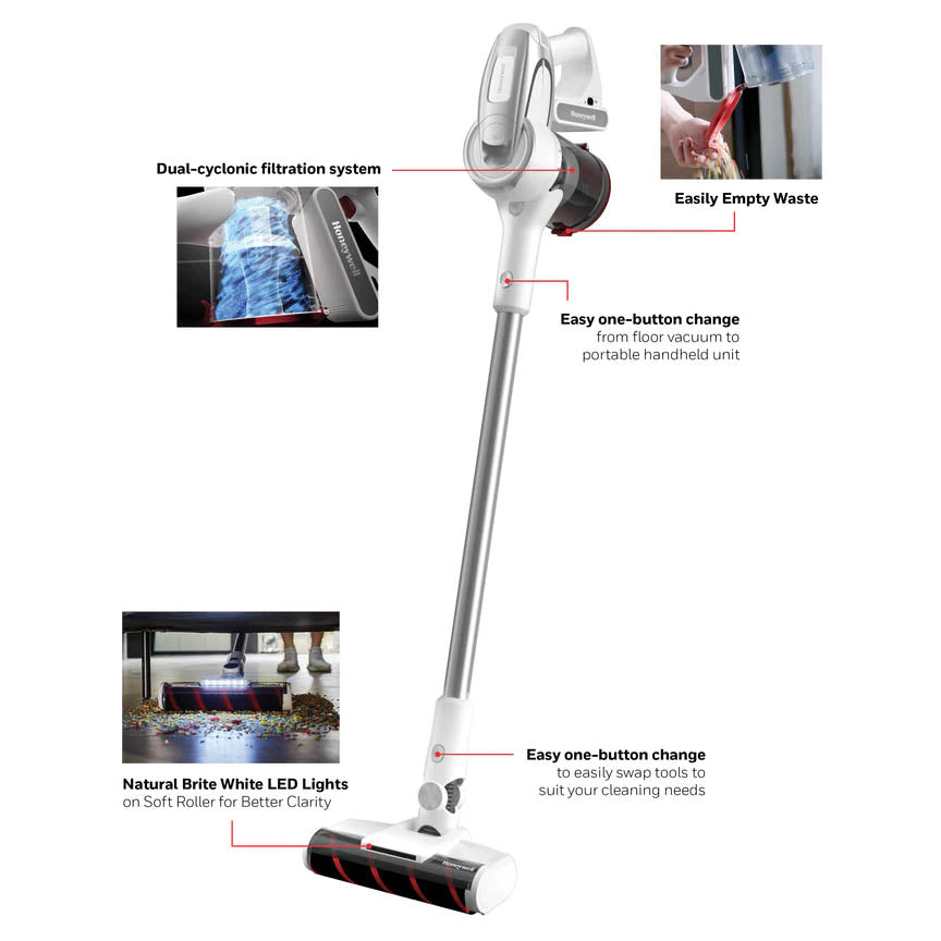 Aspiradora inalámbrica Honeywell VC10: diseño 8 en 1, 55 minutos de autonomía y potente succión para eliminar el pelo de mascotas.