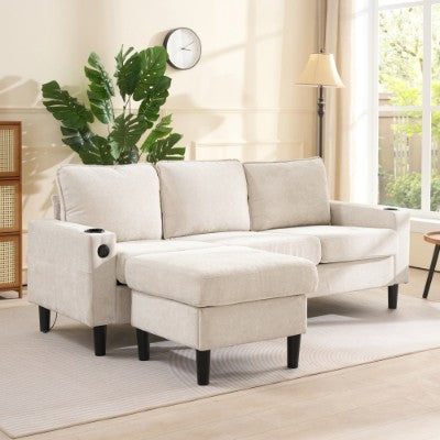 [EU warehouse]L-Shaped Couch Sofa, Corner Sofa 3 Seater Sofa, Sectional Sofa Couches With USB, Cup Holder, For Apartment Living Room Beige