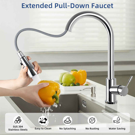 304 Stainless Steel Pull Down Kitchen Faucet with 4-Spray Modes, 360° Swivel & Quick-Reset Spray Head