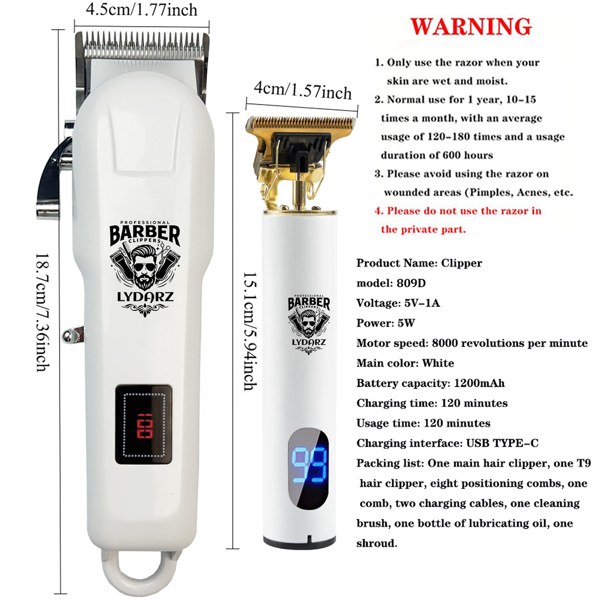 LYDARZ 809D 4 In 1 White Hair Clippers for Men Electric Shavers Ceramic T-Blade Professional Beard Trimmer Kits & Sets Brush Flawless Adjustable Attachment