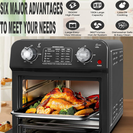 PLUM CHEF 12.5Qt Air Fryer with Dual Knob, 60-Min Timer & Presets for Fries, Pizza & More - LYDARZ