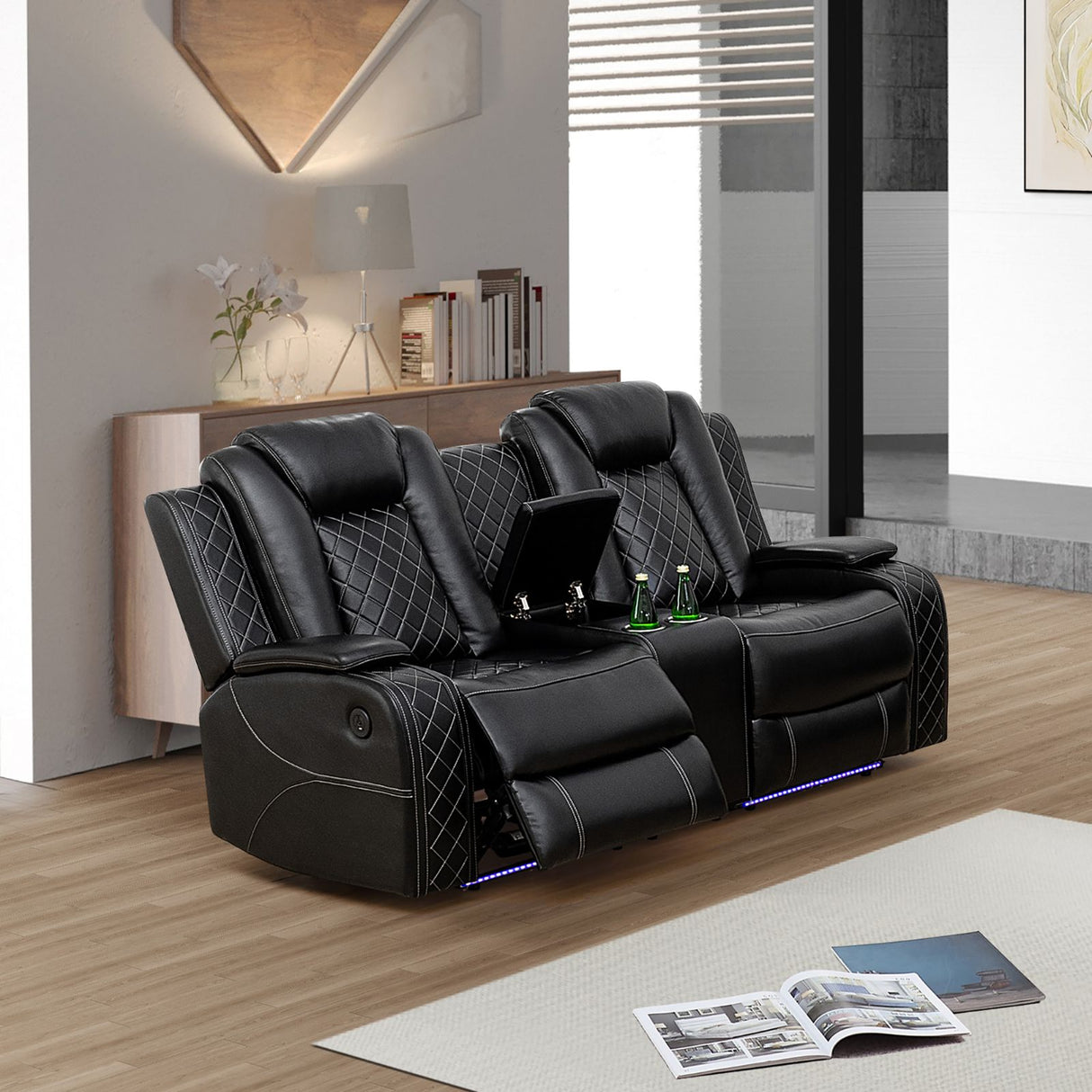 [US warehouse] LYDARZ Black Sectional Reclining Sofa - Breathing Faux Leather with USB Charging & LED Light