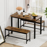 Industrial Dining Table Set with 2 Benches & Chairs, Rustic Brown & Black - 43.3" x 23.6" x 29.9"
