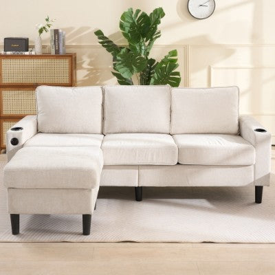 [EU warehouse]L-Shaped Couch Sofa, Corner Sofa 3 Seater Sofa, Sectional Sofa Couches With USB, Cup Holder, For Apartment Living Room Beige