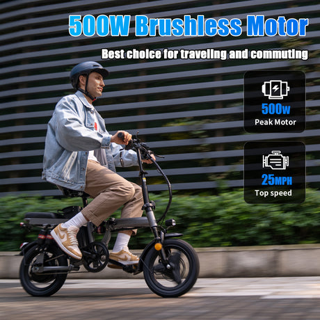 ASKGO 48V Folding Electric Bike, 500W Motor, 25MPH, 35 Miles, 14'' Tires - LYDARZ