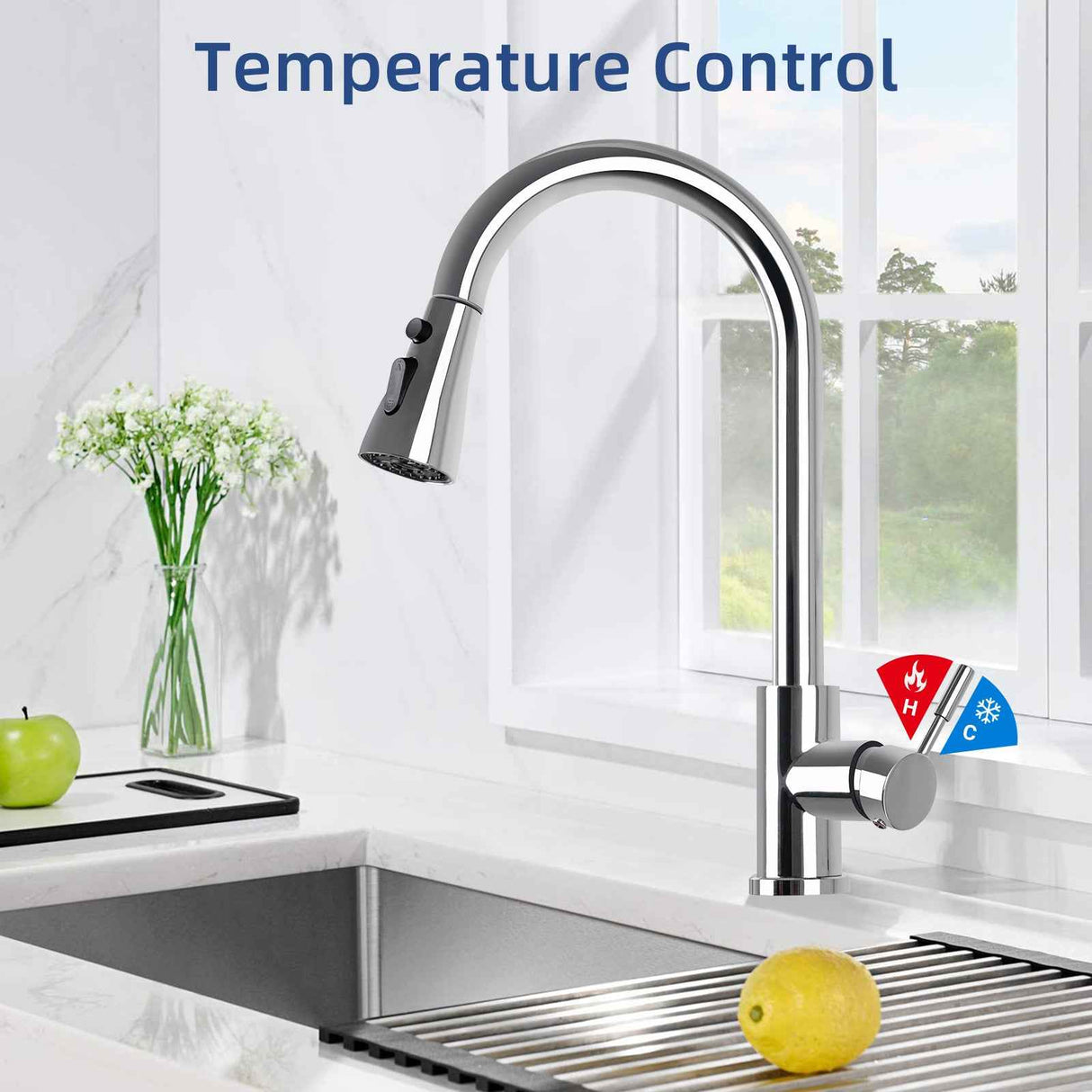 304 Stainless Steel Pull Down Kitchen Faucet with 4-Spray Modes, 360° Swivel & Quick-Reset Spray Head