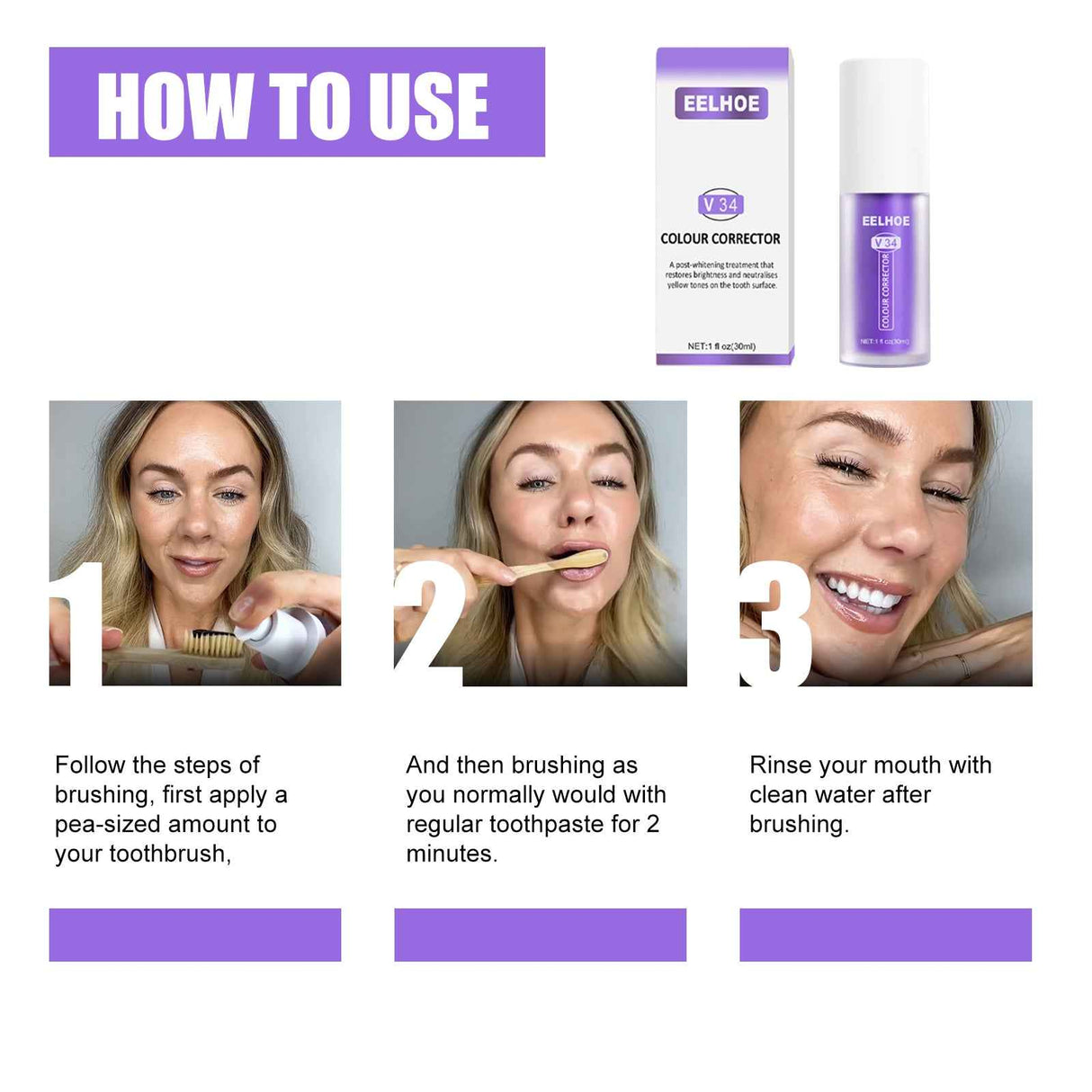 EELHOE V34Teeth Whitening Toothpaste Oral Whitening Cleaning Tooth Stain Whitening Teeth Purple Toothpaste