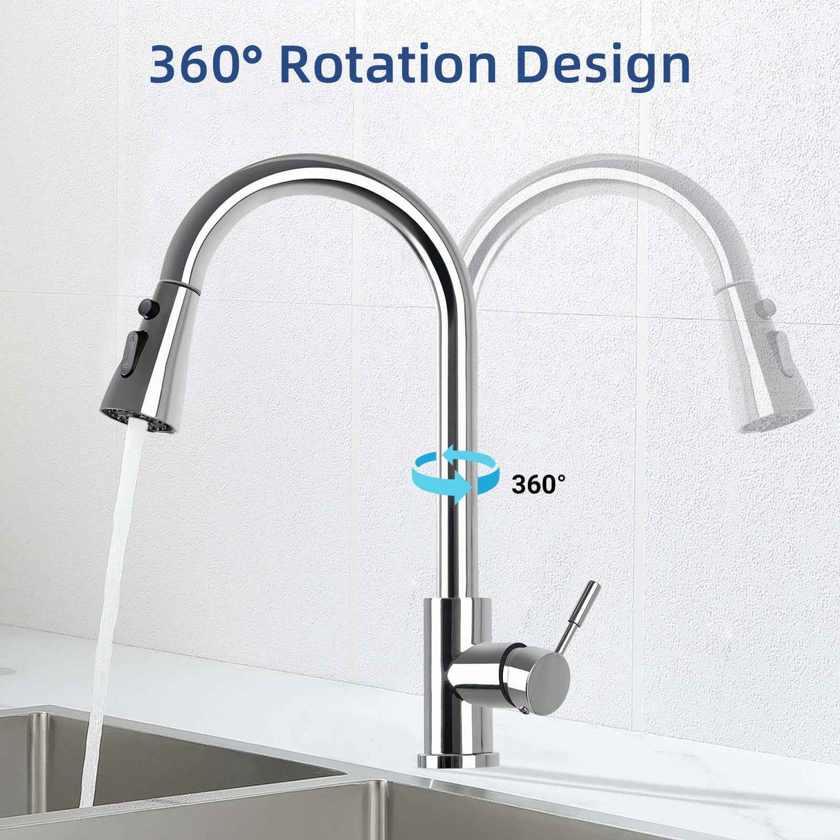 304 Stainless Steel Pull Down Kitchen Faucet with 4-Spray Modes, 360° Swivel & Quick-Reset Spray Head