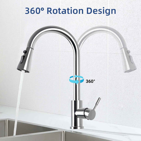 304 Stainless Steel Pull Down Kitchen Faucet with 4-Spray Modes, 360° Swivel & Quick-Reset Spray Head