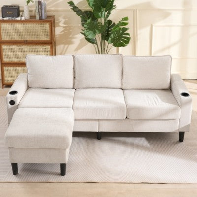 [EU warehouse]L-Shaped Couch Sofa, Corner Sofa 3 Seater Sofa, Sectional Sofa Couches With USB, Cup Holder, For Apartment Living Room Beige