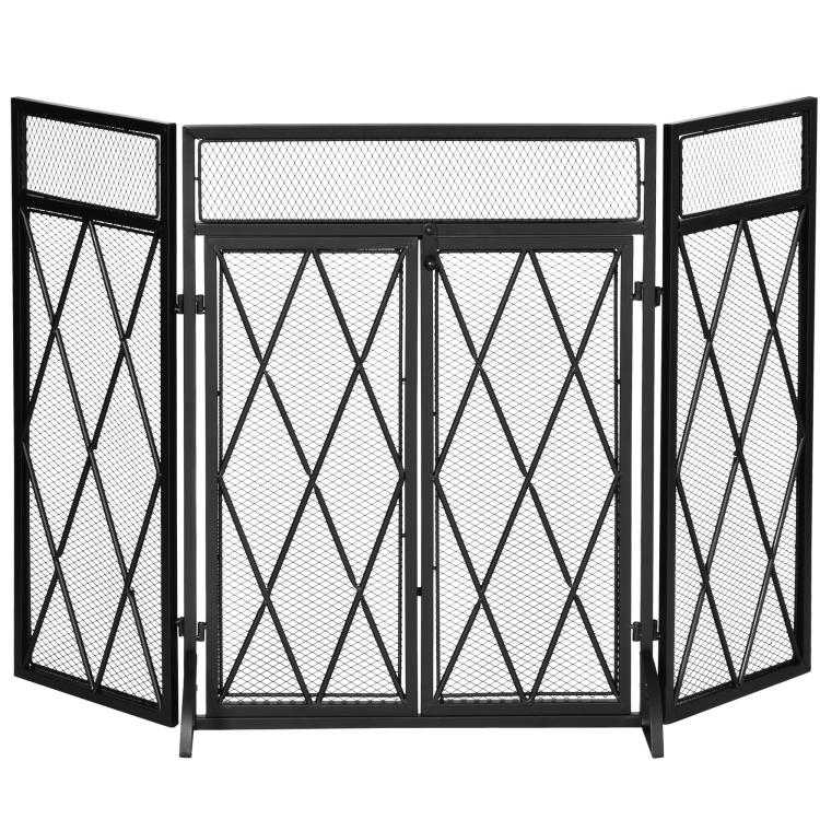 3-Panel Folding Fireplace Screen for Wood Burning with Double Doors, Home Heavy Duty Steel Fire Spark Guard, 47.25 inch W x 31 inch H, Black