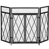 3-Panel Folding Fireplace Screen for Wood Burning with Double Doors, Home Heavy Duty Steel Fire Spark Guard, 47.25 inch W x 31 inch H, Black