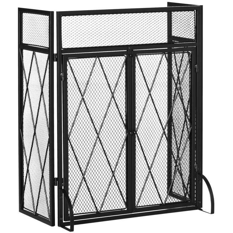 3-Panel Folding Fireplace Screen for Wood Burning with Double Doors, Home Heavy Duty Steel Fire Spark Guard, 47.25 inch W x 31 inch H, Black
