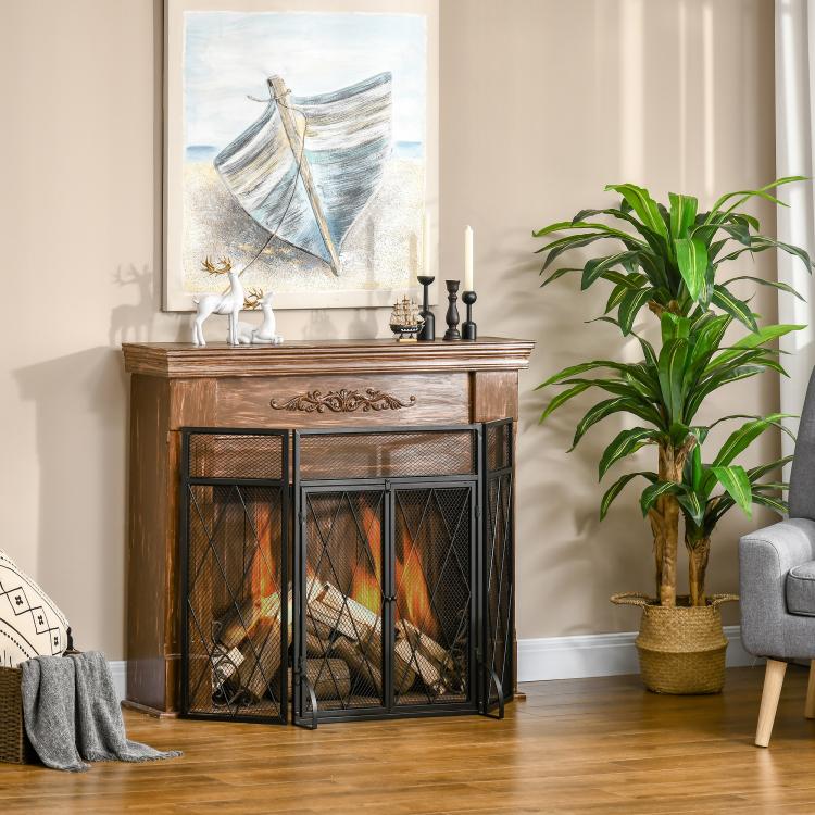 3-Panel Folding Fireplace Screen for Wood Burning with Double Doors, Home Heavy Duty Steel Fire Spark Guard, 47.25 inch W x 31 inch H, Black