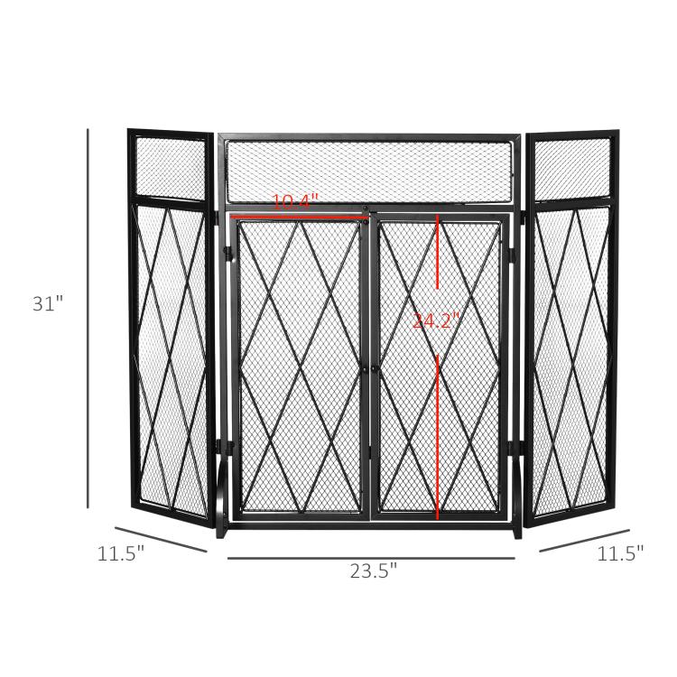 3-Panel Folding Fireplace Screen for Wood Burning with Double Doors, Home Heavy Duty Steel Fire Spark Guard, 47.25 inch W x 31 inch H, Black