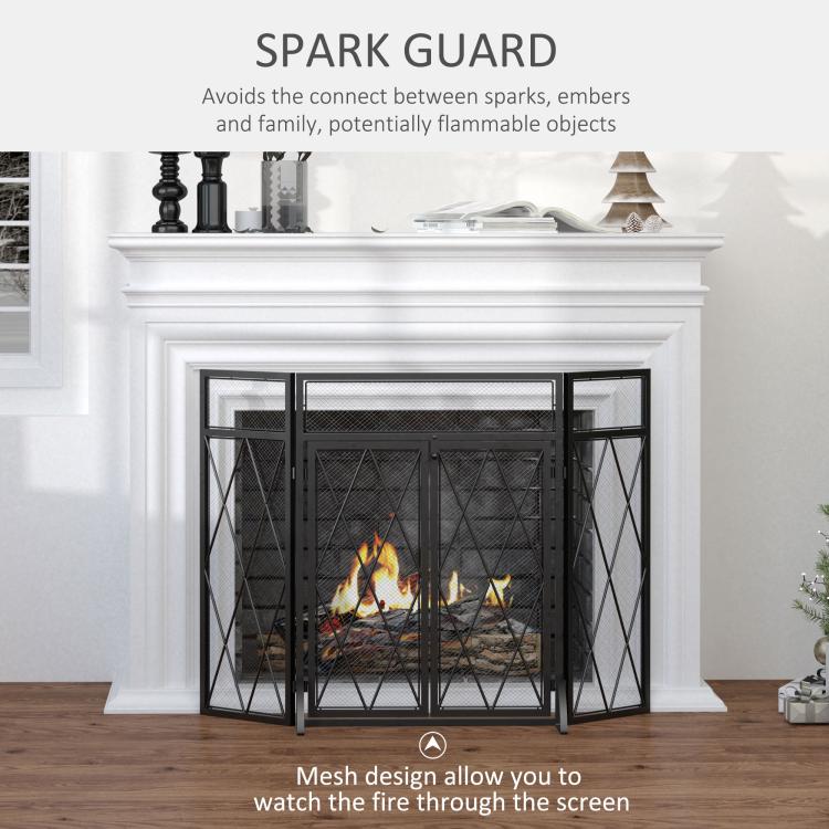 3-Panel Folding Fireplace Screen for Wood Burning with Double Doors, Home Heavy Duty Steel Fire Spark Guard, 47.25 inch W x 31 inch H, Black