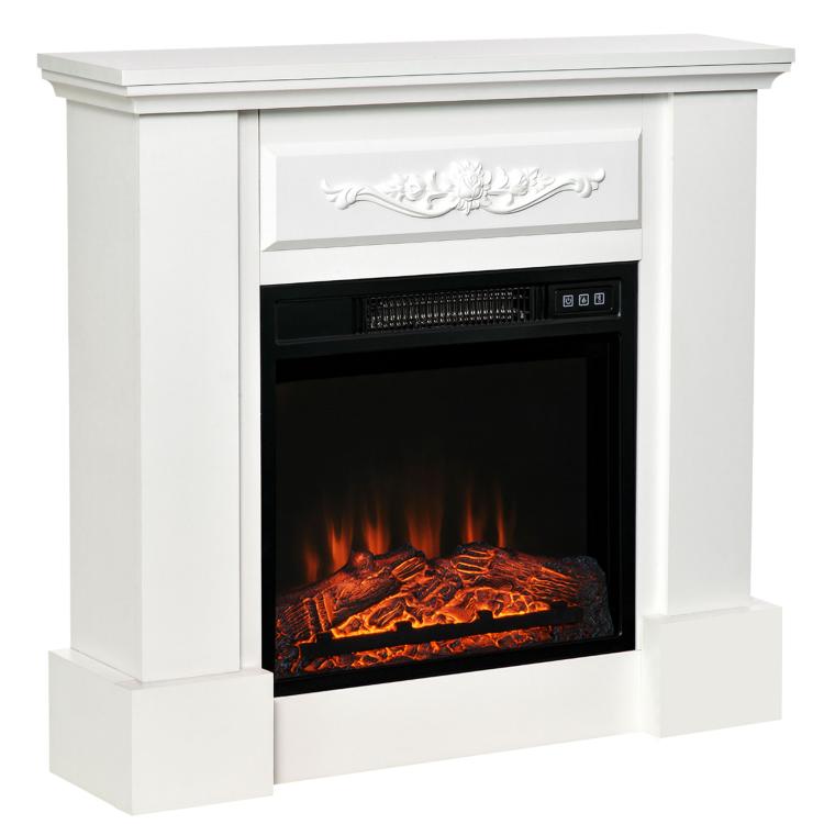32 inch Electric Fireplace with Mantel, Freestanding Heater with LED Log Flame, Overheat Protection and Remote Control, 1400W, White