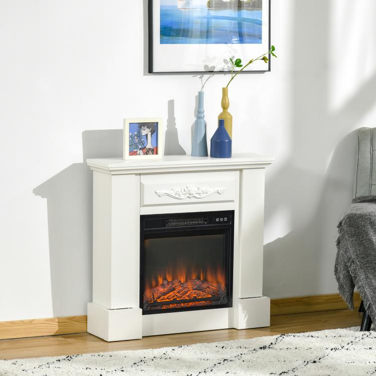 32 inch Electric Fireplace with Mantel, Freestanding Heater with LED Log Flame, Overheat Protection and Remote Control, 1400W, White