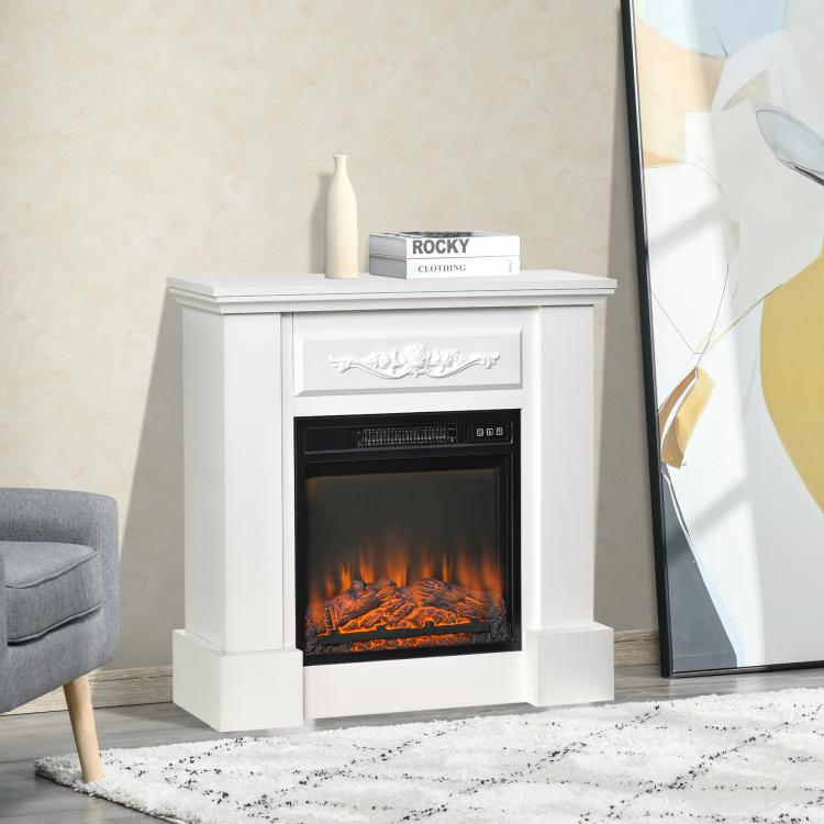 32 inch Electric Fireplace with Mantel, Freestanding Heater with LED Log Flame, Overheat Protection and Remote Control, 1400W, White