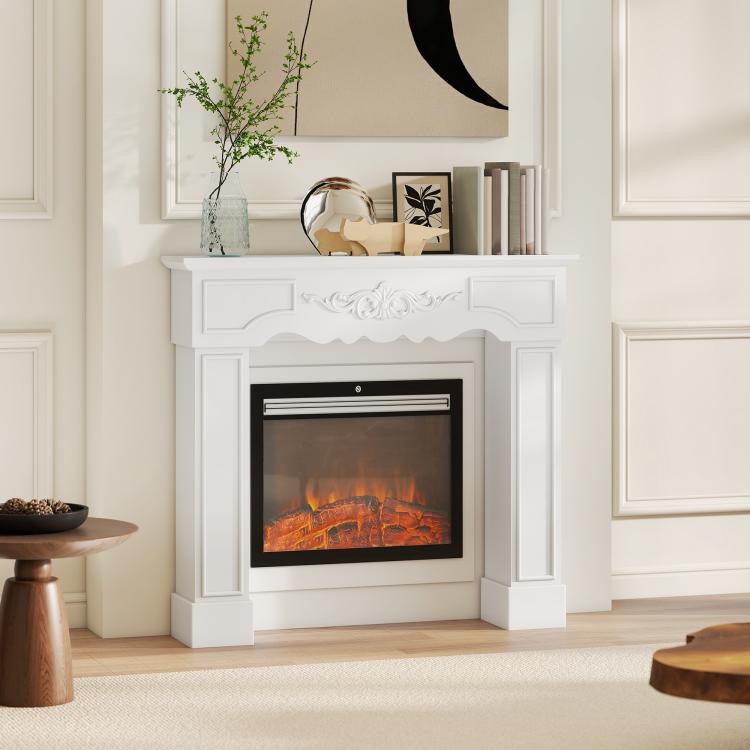 Baroque Fireplace Mantel, Freestanding Fireplace Surround with Leg for Electric Fireplaces, 43.3 inch W x 39.8 inch H, White