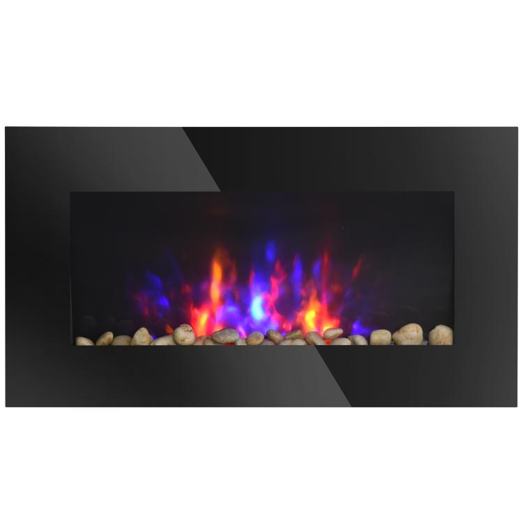 28.5 inch 1450W Electric Wall-Mounted Fireplace with Flame Effect, 7 Color Background Light, Black
