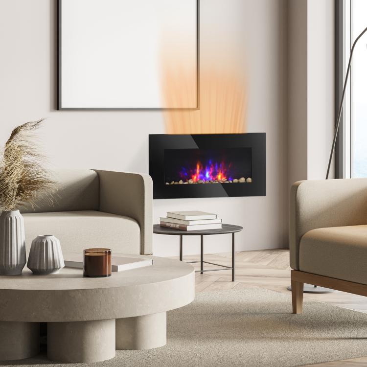 28.5 inch 1450W Electric Wall-Mounted Fireplace with Flame Effect, 7 Color Background Light, Black