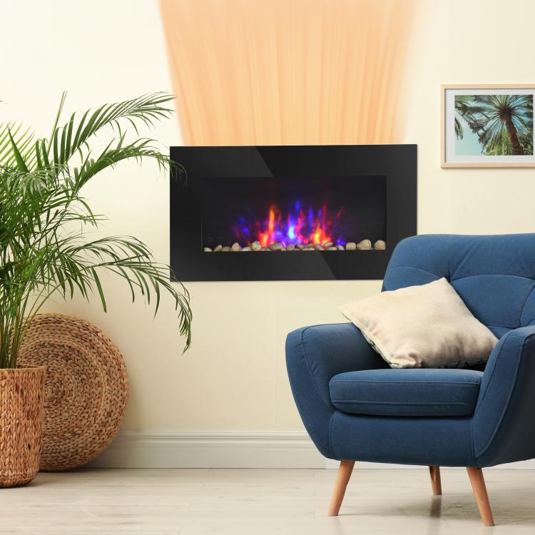 28.5 inch 1450W Electric Wall-Mounted Fireplace with Flame Effect, 7 Color Background Light, Black