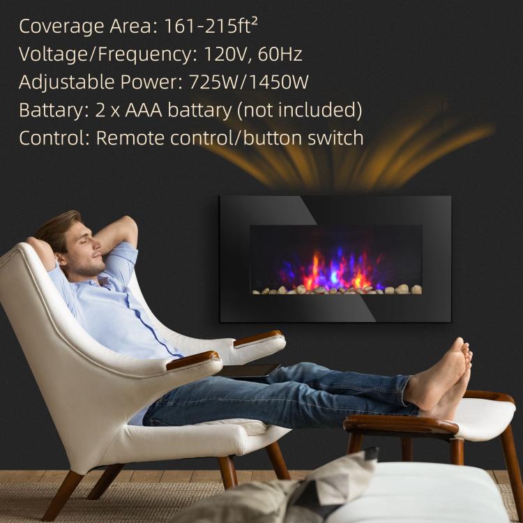28.5 inch 1450W Electric Wall-Mounted Fireplace with Flame Effect, 7 Color Background Light, Black