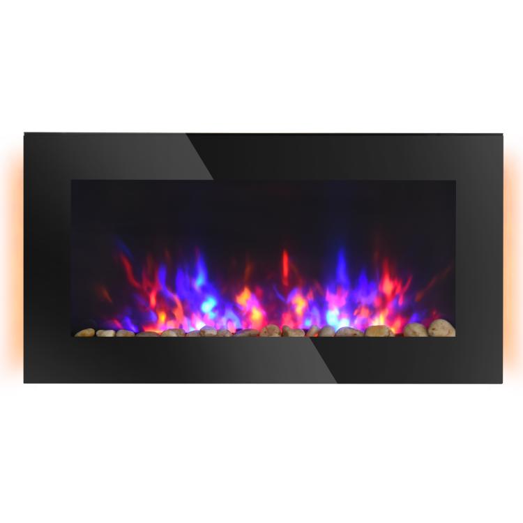 36 inch 1450W Electric Wall-Mounted Fireplace with Flame Effect, 7 Color Background Light and Side Light, Black