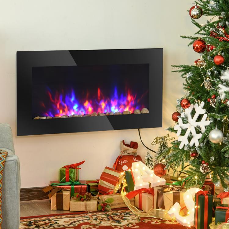36 inch 1450W Electric Wall-Mounted Fireplace with Flame Effect, 7 Color Background Light and Side Light, Black