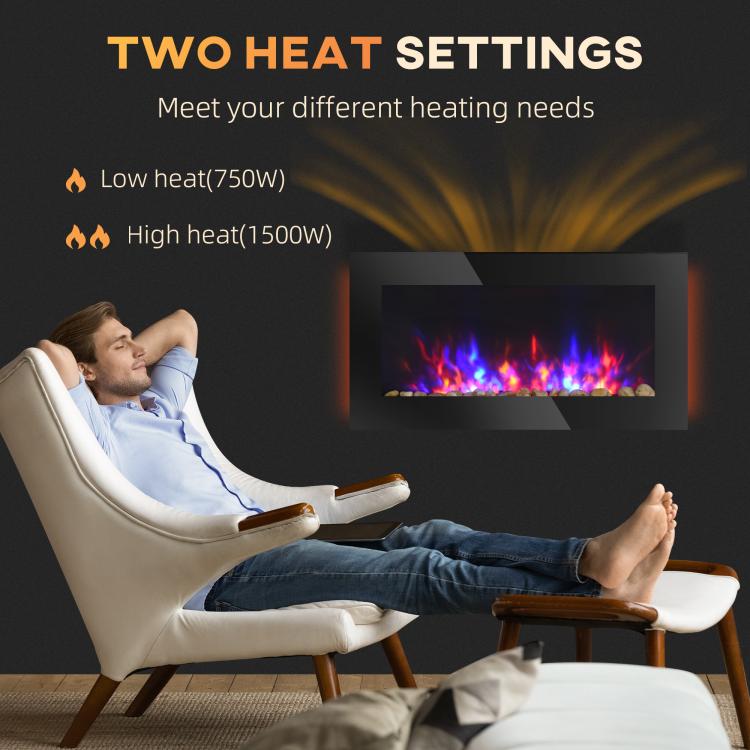 36 inch 1450W Electric Wall-Mounted Fireplace with Flame Effect, 7 Color Background Light and Side Light, Black