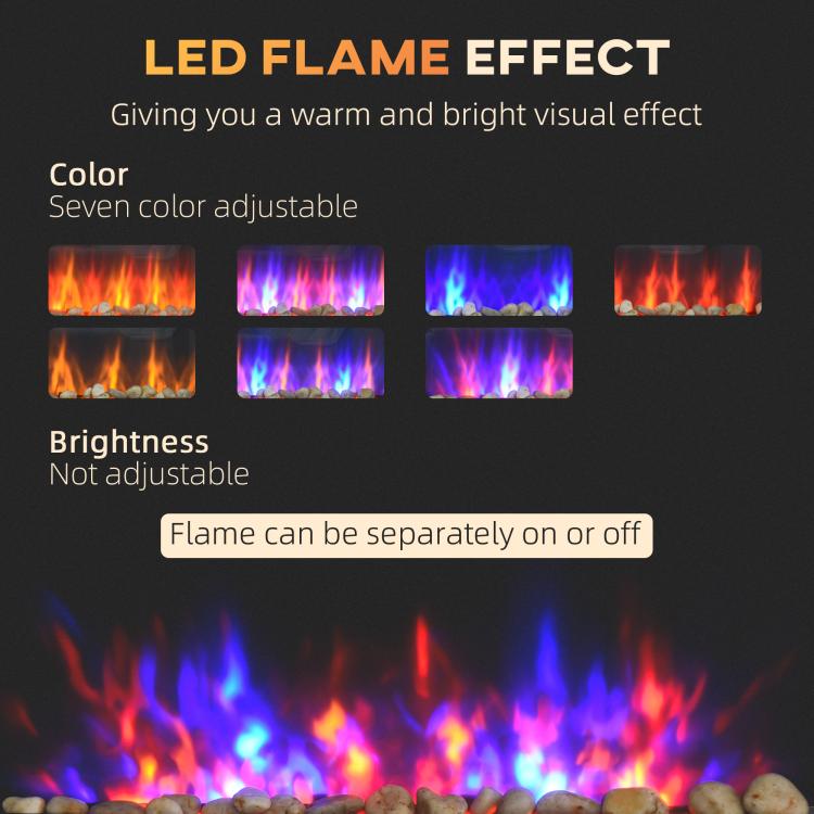 36 inch 1450W Electric Wall-Mounted Fireplace with Flame Effect, 7 Color Background Light and Side Light, Black