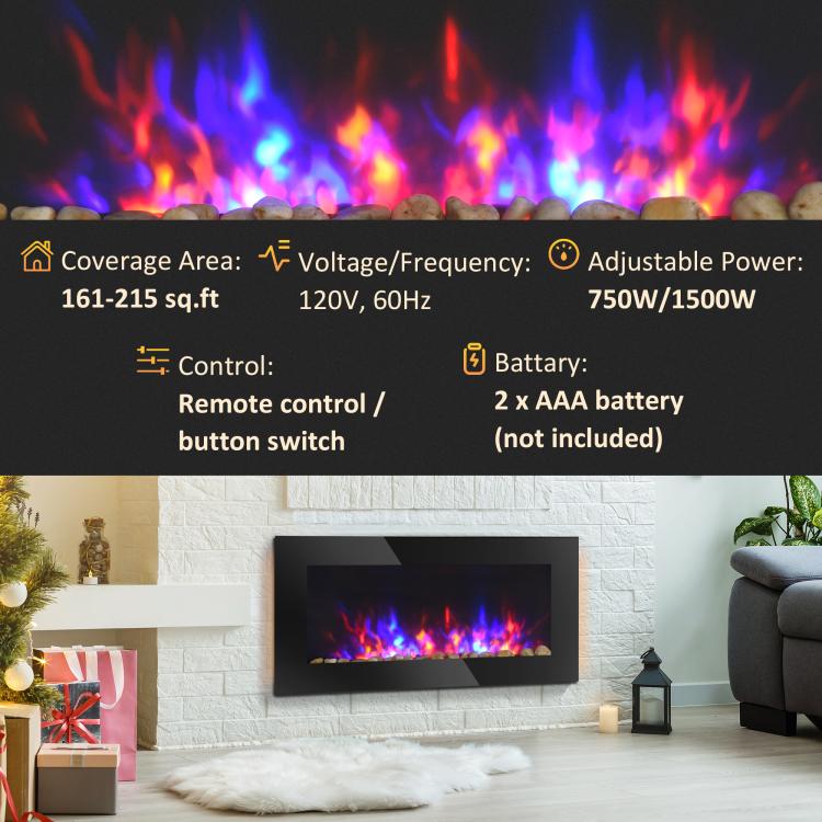 36 inch 1450W Electric Wall-Mounted Fireplace with Flame Effect, 7 Color Background Light and Side Light, Black