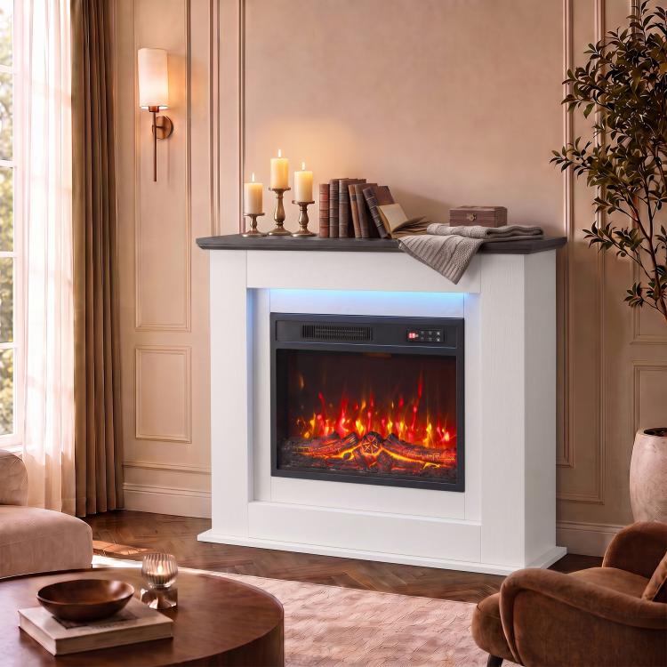 40 inch Electric Fireplace with Mantel, LED Strip, Fireplace TV Stand for 55 inch TVs, Adjustable Flame, White