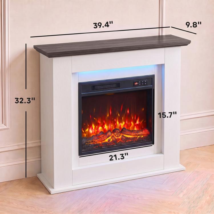 40 inch Electric Fireplace with Mantel, LED Strip, Fireplace TV Stand for 55 inch TVs, Adjustable Flame, White
