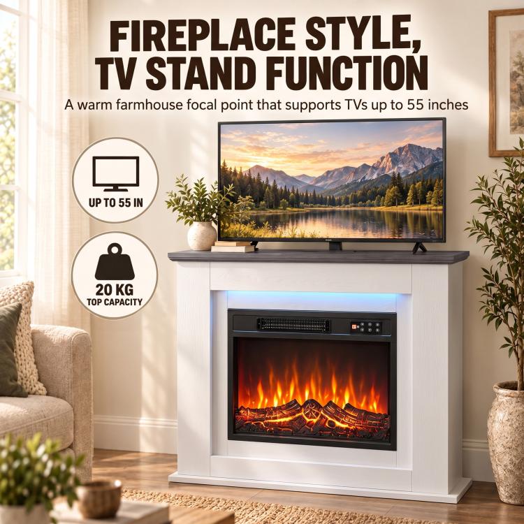 40 inch Electric Fireplace with Mantel, LED Strip, Fireplace TV Stand for 55 inch TVs, Adjustable Flame, White