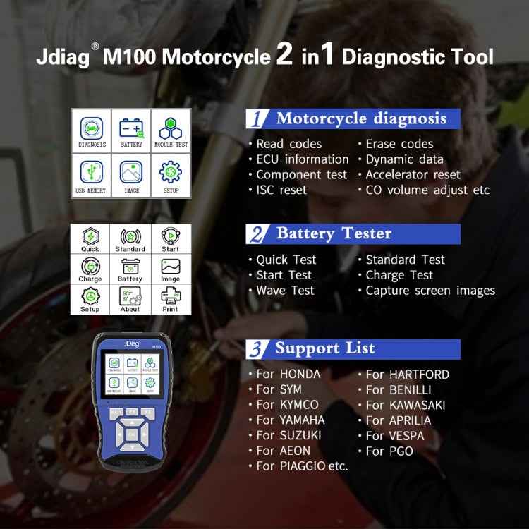 JDiag M100 Motorcycles 2 in1 OBD Scanner Battery Tester, Simplified Version, JDiag M100 Simplified Version