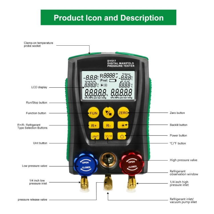 DUOYI DY517A - Instrumento de diagnóstico para aire acondicionado de automóvil, monitor de temperatura y medidor de fluoruro (DY517A)