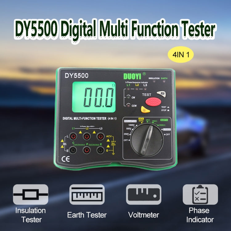 DUOYI DY5500 Multímetro digital multifunción de resistencia de aislamiento y tierra para automóvil 4 en 1, DY5500