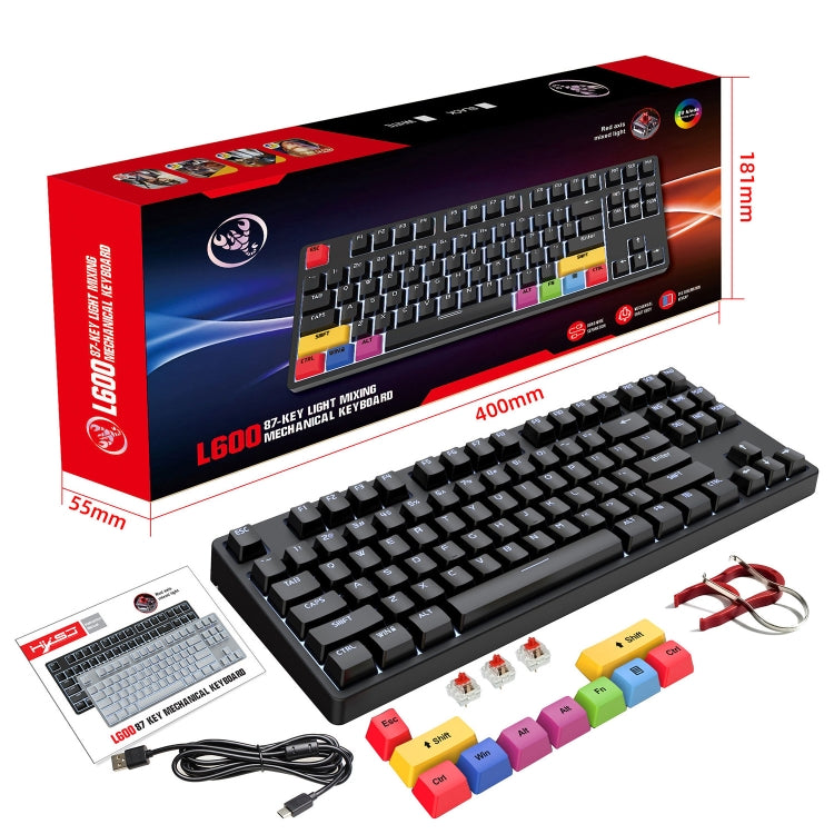 HXSJ L600 87 Tasten USB-C / Typ-C Kabelgebundene mechanische Tastatur mit rotem Schaft und cooler Hintergrundbeleuchtung