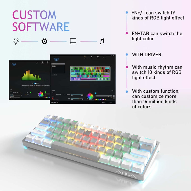Teclado mecánico AULA F3261 RGB - Tipo C, con cable, 61 teclas intercambiables en caliente e iluminación RGB