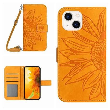 Skin Feel Sun Flower Embossed Flip Leather Phone Case with Lanyard