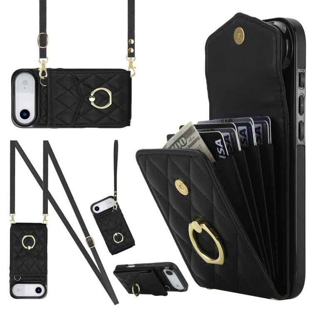 Rhombic Texture Card Bag Phone Case with Long Lanyard