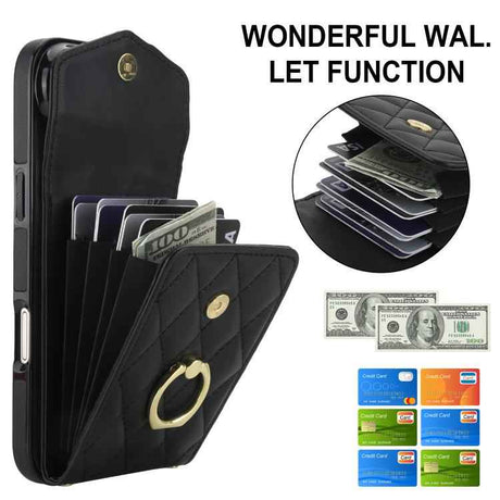 Rhombic Texture Card Bag Phone Case with Long Lanyard