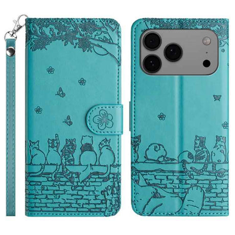 Cat Embossing Pattern Leather Phone Case with Lanyard